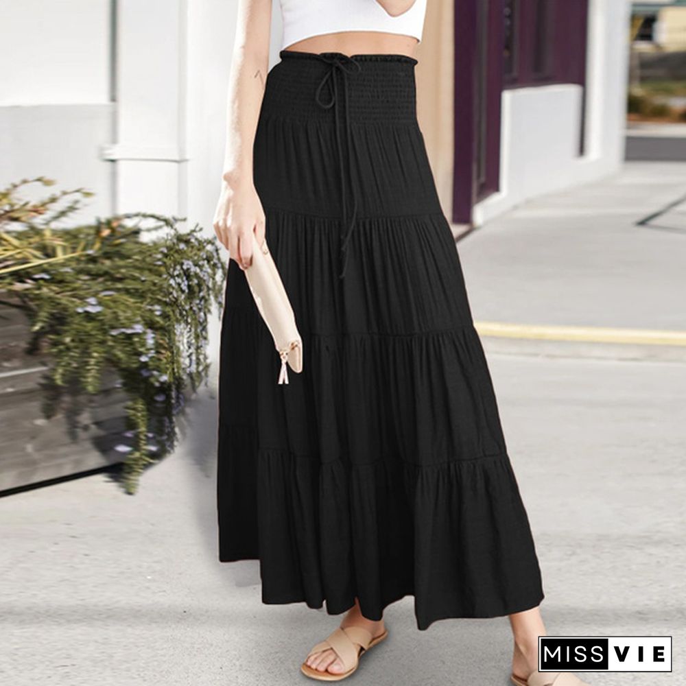 Women Summer Elastic Waist Casual Loose Party Evening Long Skirts Tiered Maxi Dresses