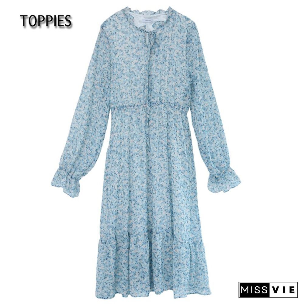 Toppies Autumn Ruffled Chiffon Dress Floral Printed Elastic High Waist A Line Dress Long Sleeve Fashion Women's Clothes