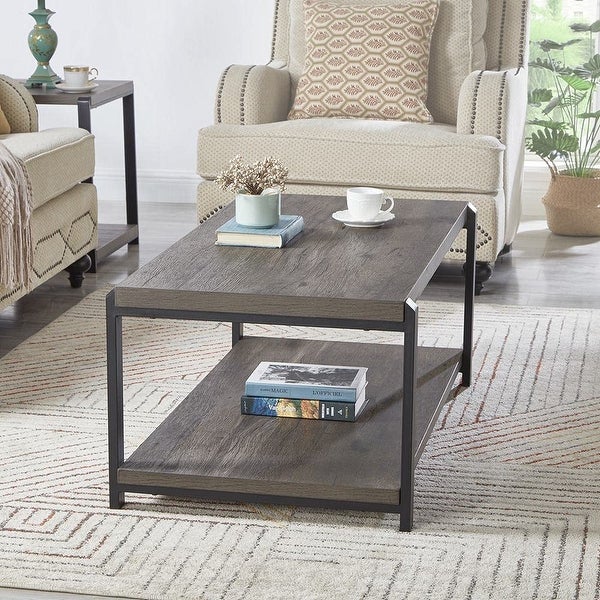 Coffee Table with Storage Shelf，Rustic Wood and Metal Cocktail Table for Living Room，Grey - as picture