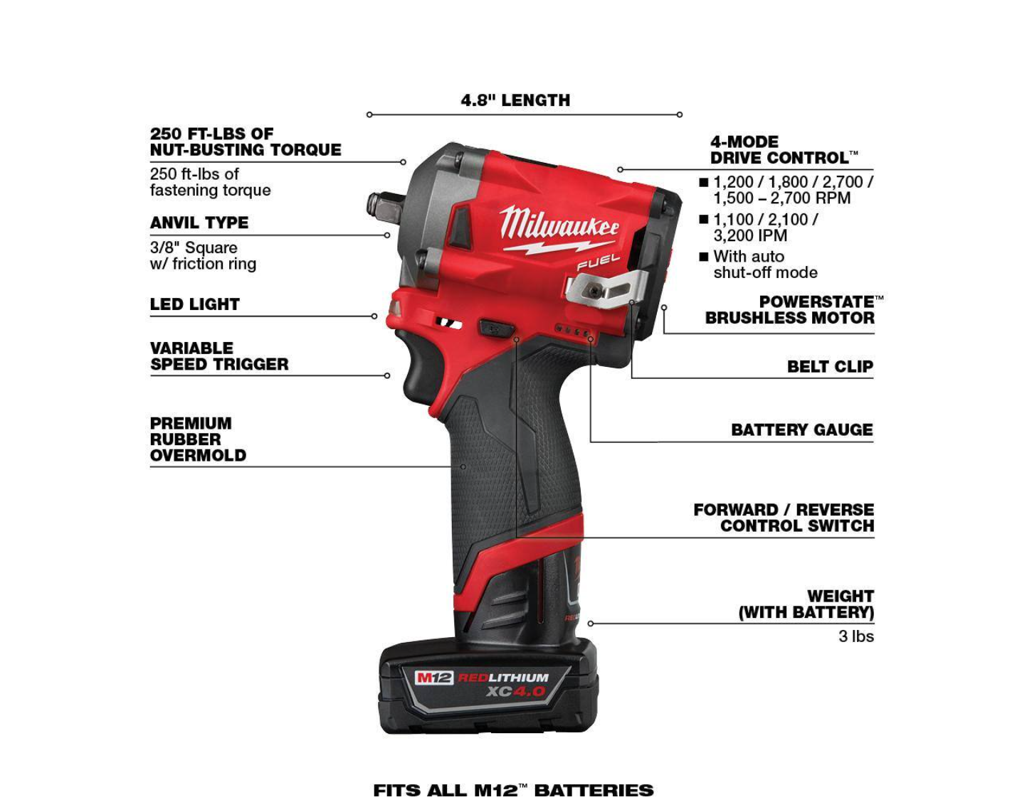 Milwaukee 2554-22-2446-20 M12 FUEL 12V Lithium-Ion Cordless Stubby 3/8 in. Impact Wrench Kit with Grease Gun， One 4.0 and One 2.0Ah Battery