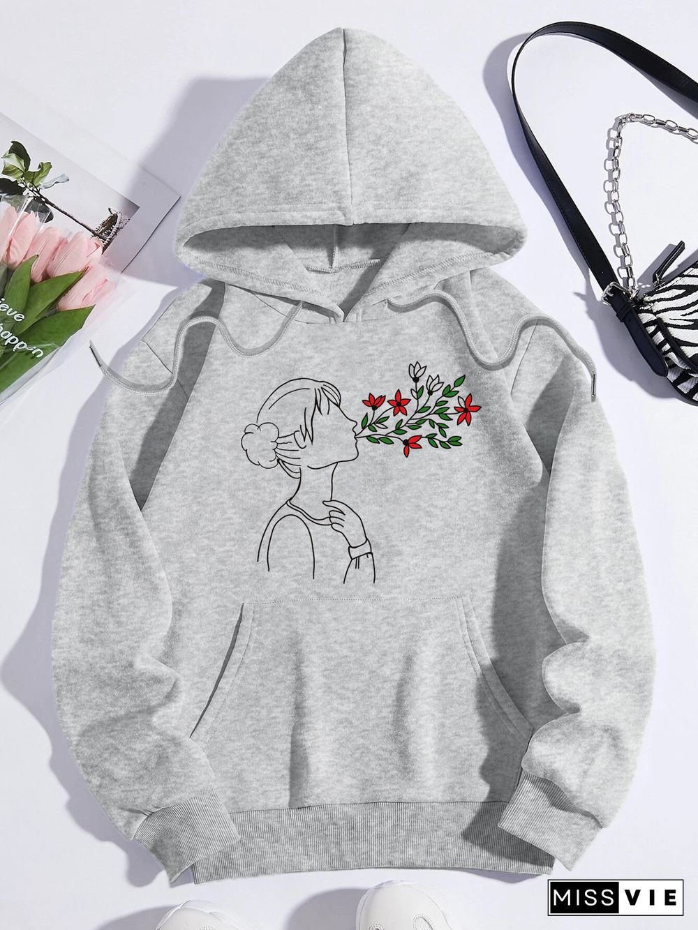 Printed on front Kangaroo Pocket Hoodie Long Sleeve for Women Pattern Seeing with Flowers