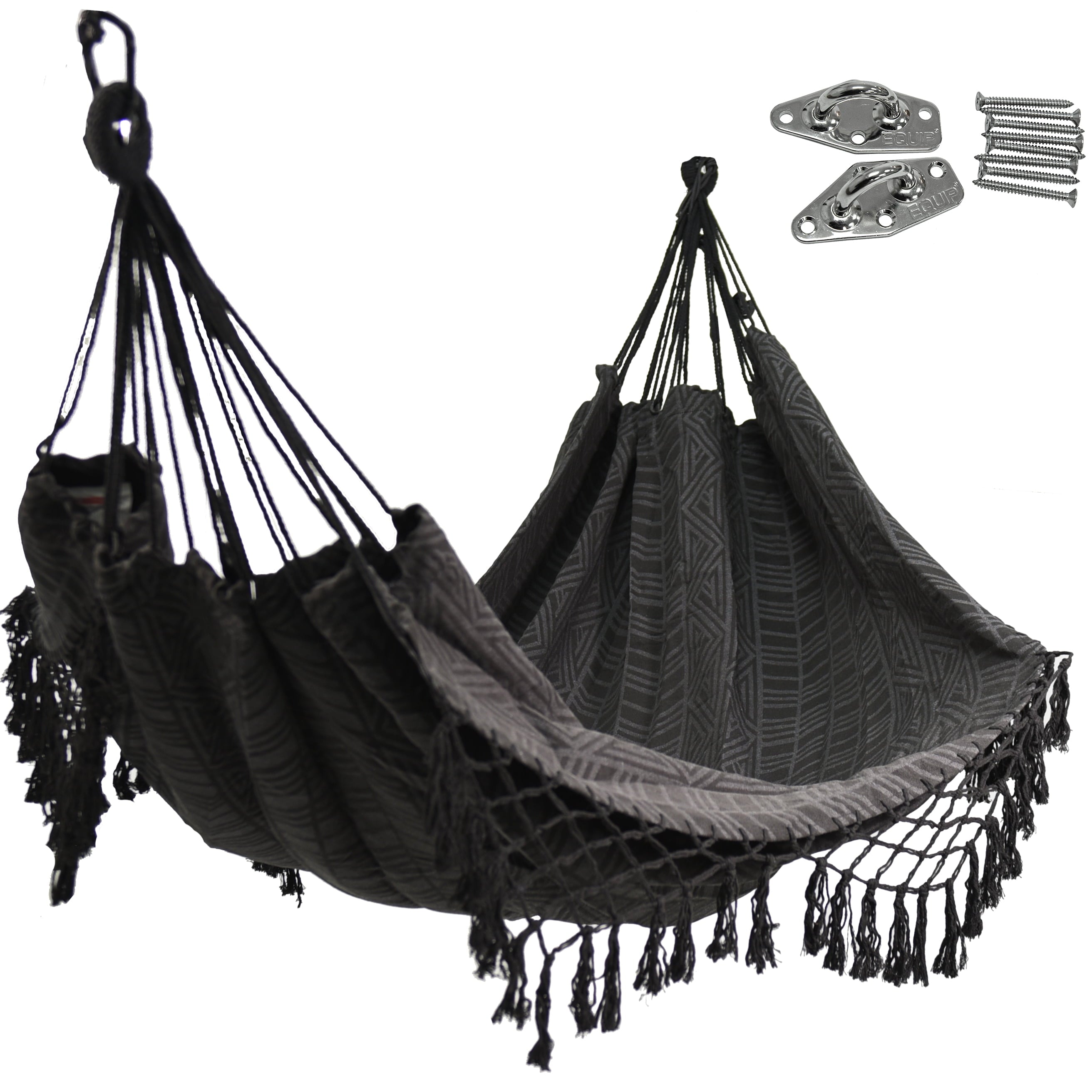 Equip Black Polyester Jacquard Macramé Hammock with Indoor Hanging Kit Bundle, Open Size 81" L x 59" W