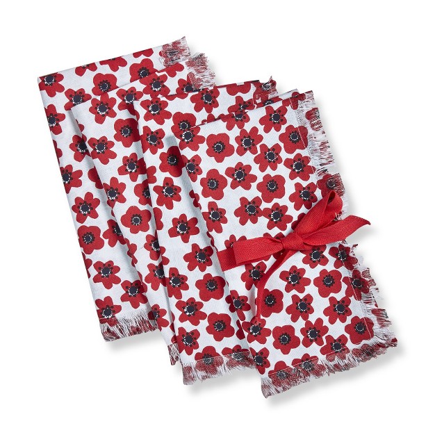 Tag Happy Flower Bright Red Floral Print On White Backgroun Cotton Machine Washable Napkin Set Of 4