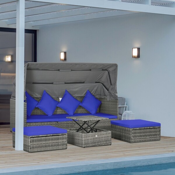 Outsunny 4 Piece Patio Furniture Set with Cushions，PE Rattan Daybed with Retractable Canopy，Outdoor Sectional Sofa Set