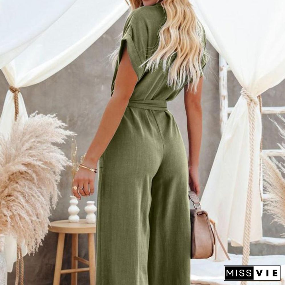 Loose V-Neck Strap Pocket Jumpsuit