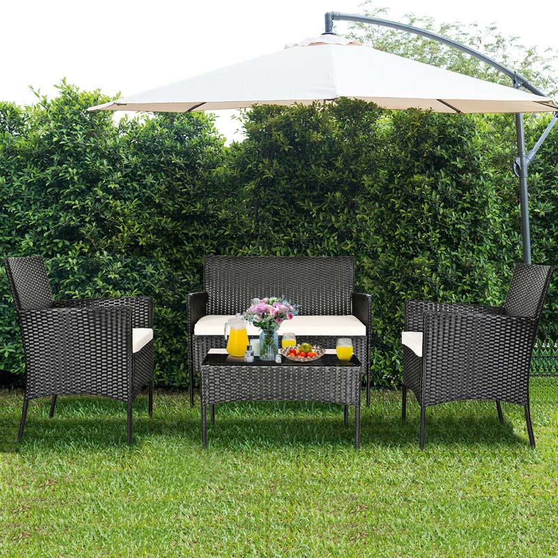 4 Pcs Rattan Patio Conversation Furniture Set Wicker Outdoor Sofa Set with Cushions & Coffee Table