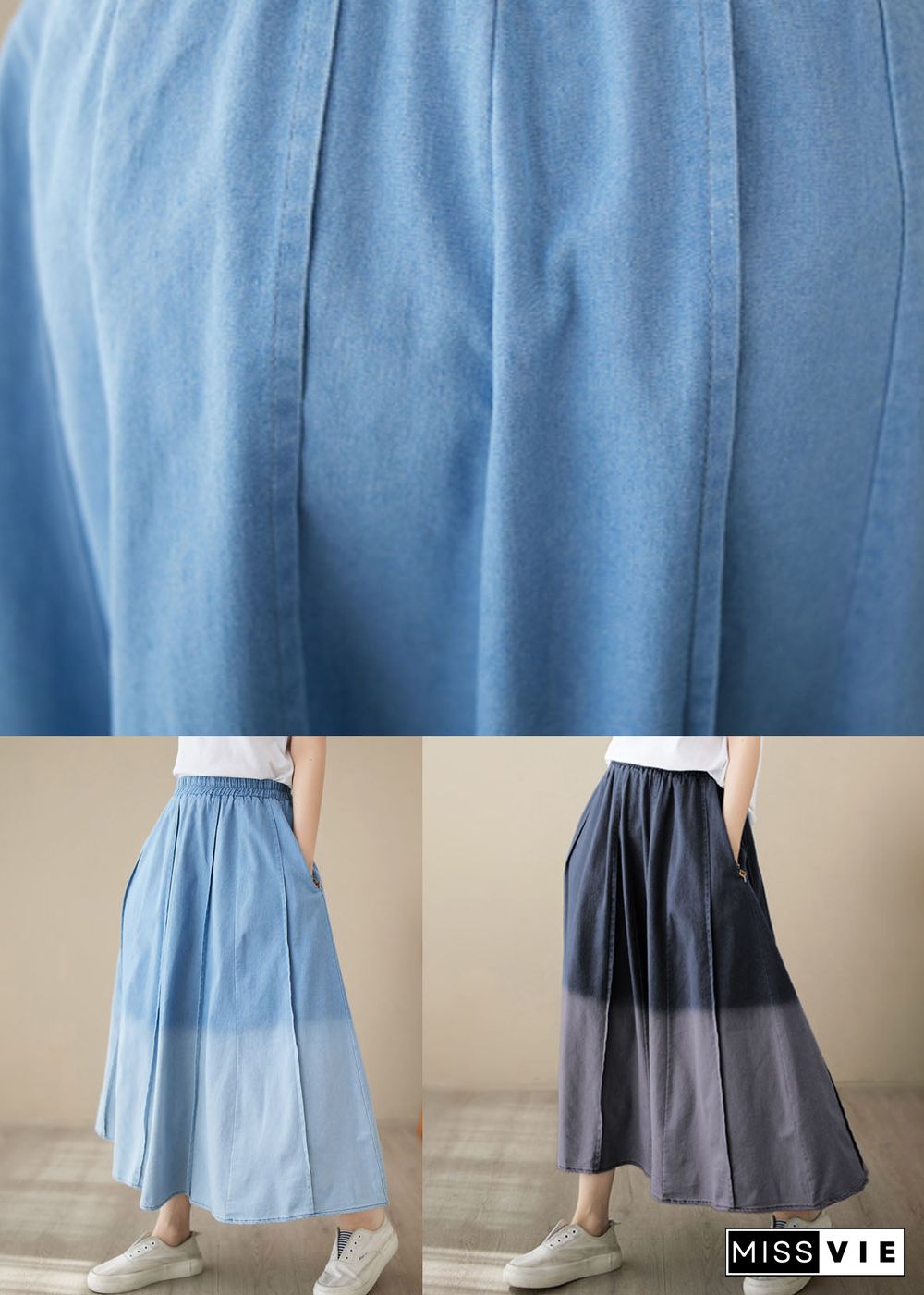 Light Blue Pockets Patchwork Denim Skirts Wrinkled Summer