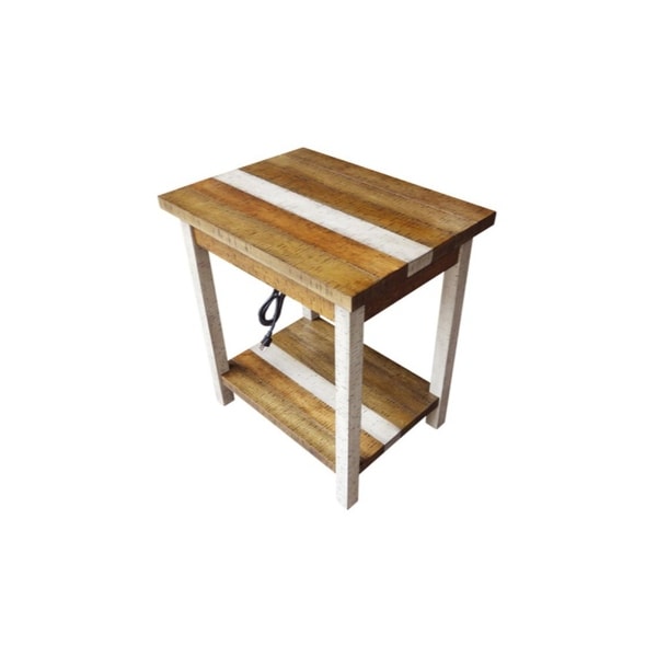 Rustic Retrieve Wooden Chairside Table With Power Outlet and USB