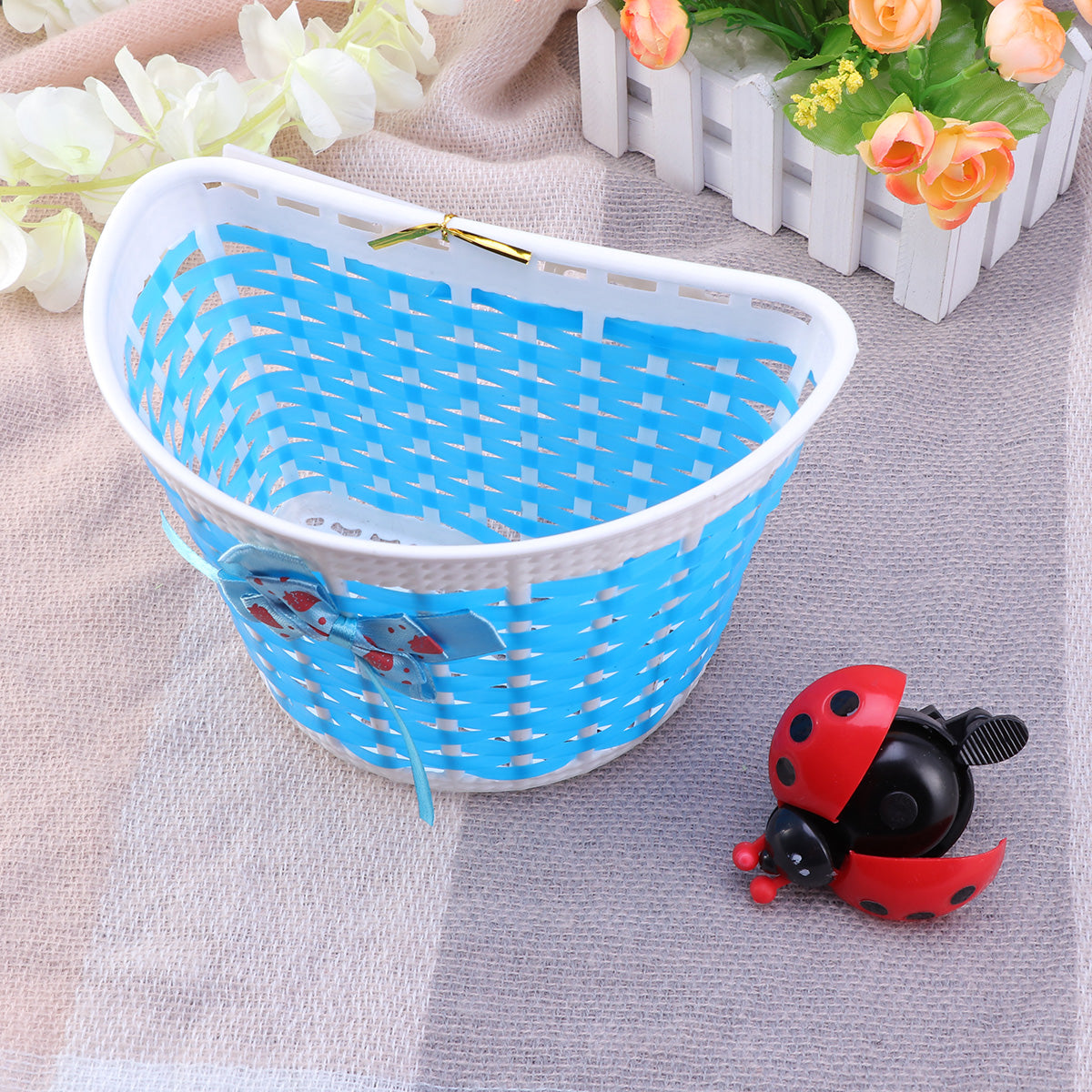 HEMOTON Bicycle Scooter Basket Children Bike Basket Plastic Knitted Bow Knot Front Handmade Bag