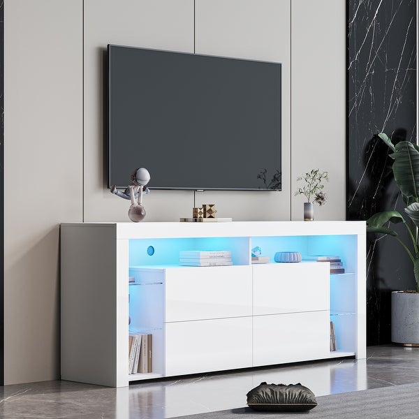 White Modern LED TV Cabinet with 4 Storage Drawers and Open Shelves - 67Wx16Dx28H