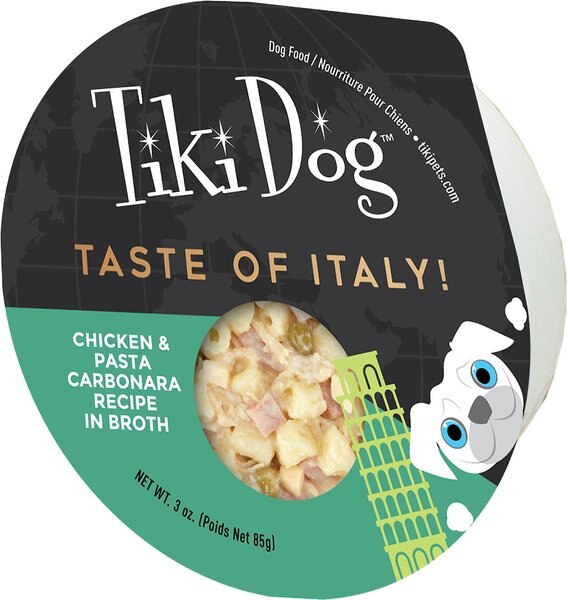 Tiki Dog Taste of Italy Chicken， Pasta and Carbonara Recipe in Broth Wet Dog Food， 3-oz cup， case of 4