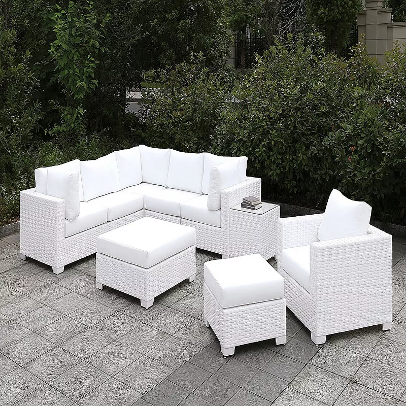 Faux Polyester and Aluminum Square Ottoman with Padded Seat Cushion， White