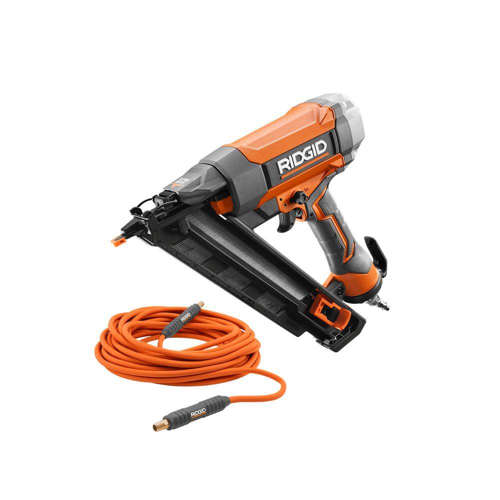 RIDGID Pneumatic 15-Gauge 2-12 in. Angled Finish Nailer with 14 in. 50 ft. Lay Flat Air Hose R250AFF-R5025LF