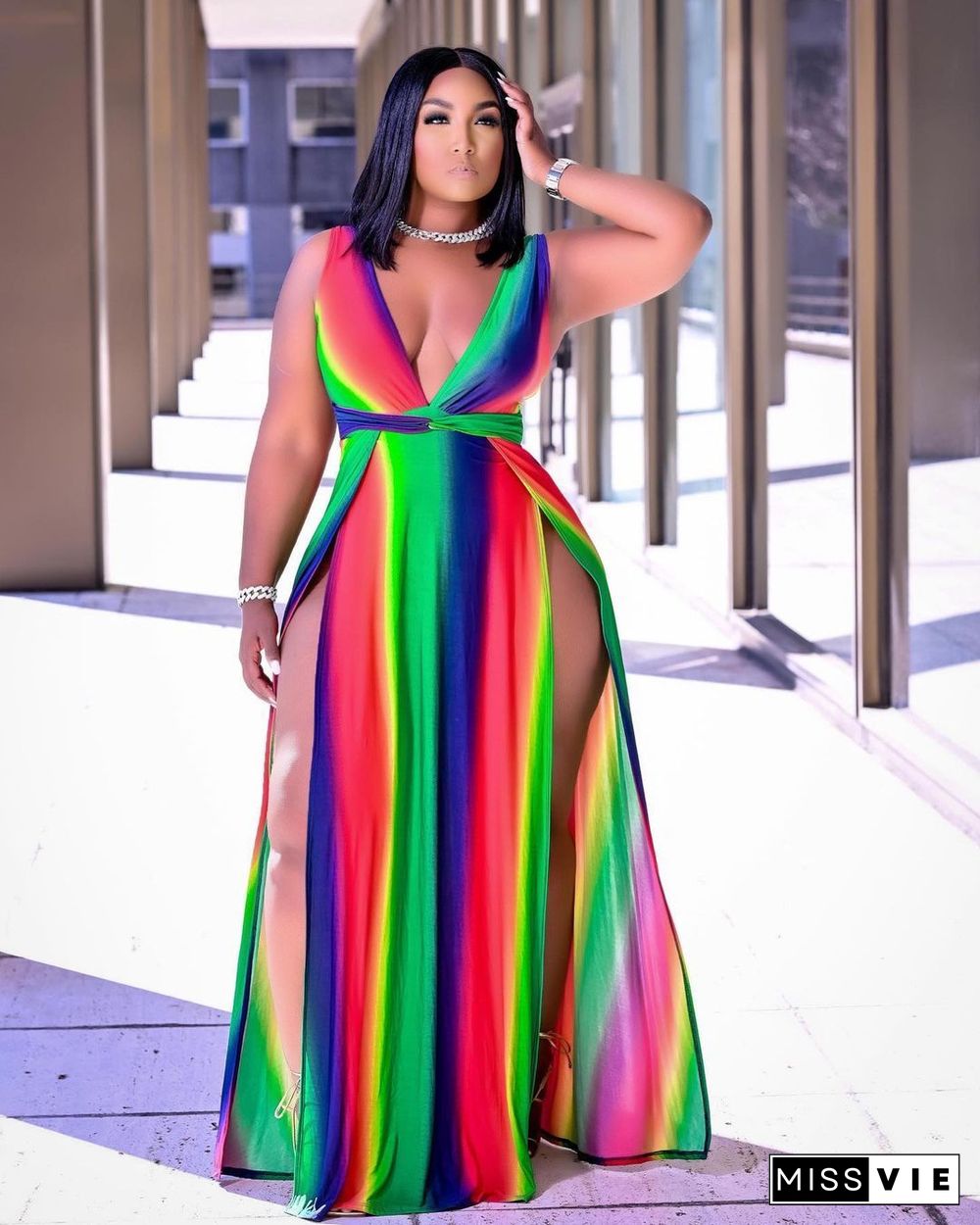 Rainbow Striped Bohemian Beach Plus Size Dresses