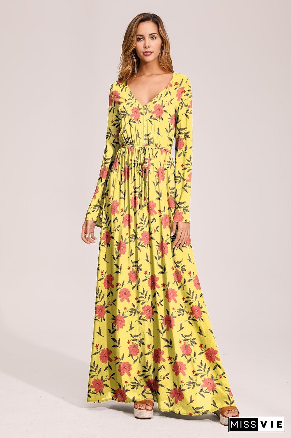 Floral Deep Long Sleeves Tie Back Ruffled Hem Maxi Dress