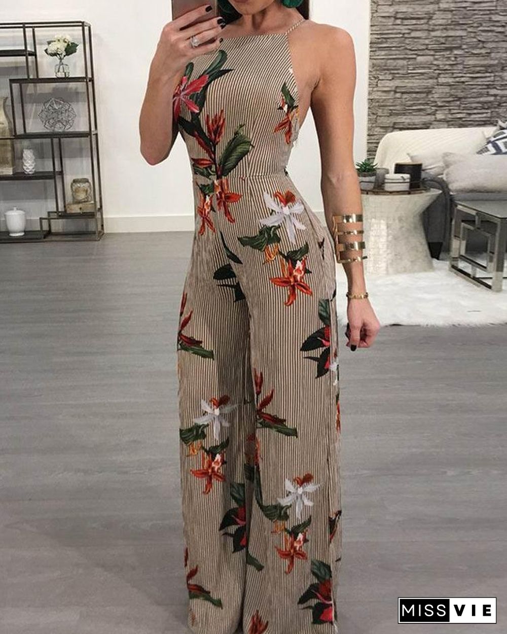 Floral Printed Halter Open Back Casual Wide Leg Jumpsuit