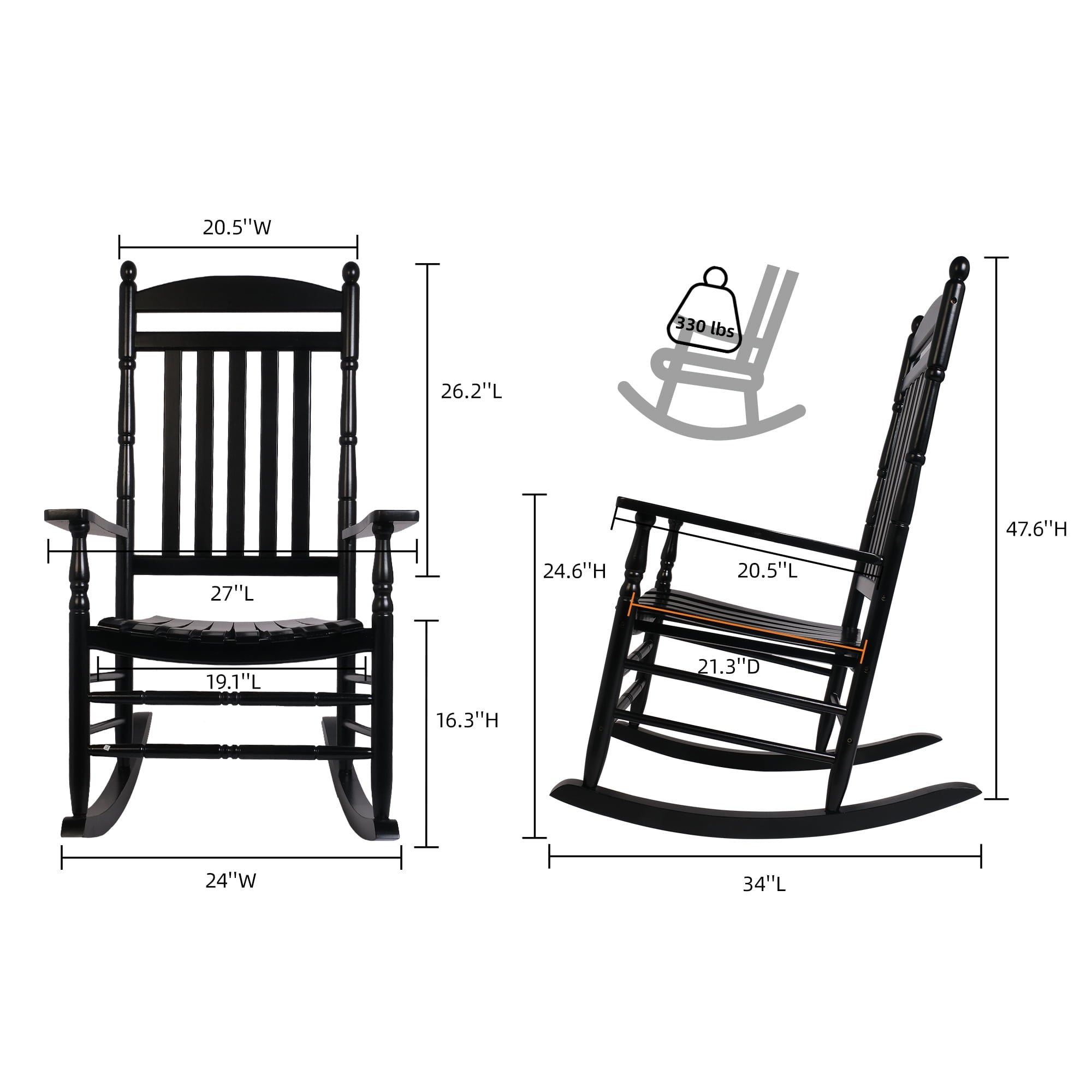 Set of 2 Outdoor Wood Rocking Chairs,All-Weather Oversized Patio Rocker Chair High Back Rocker for Porch, Garden, Balcony and Backyard,Black