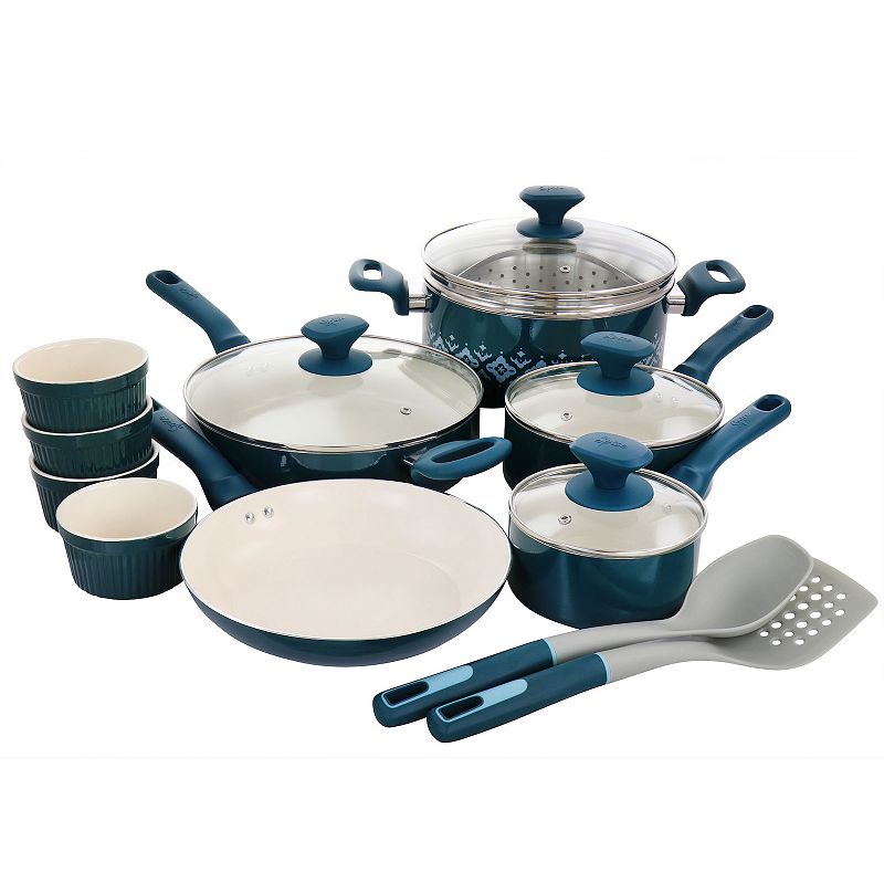 Spice by Tia Mowry Savory Saffron 16 Piece Ceramic Nonstick Cookware Set in Teal