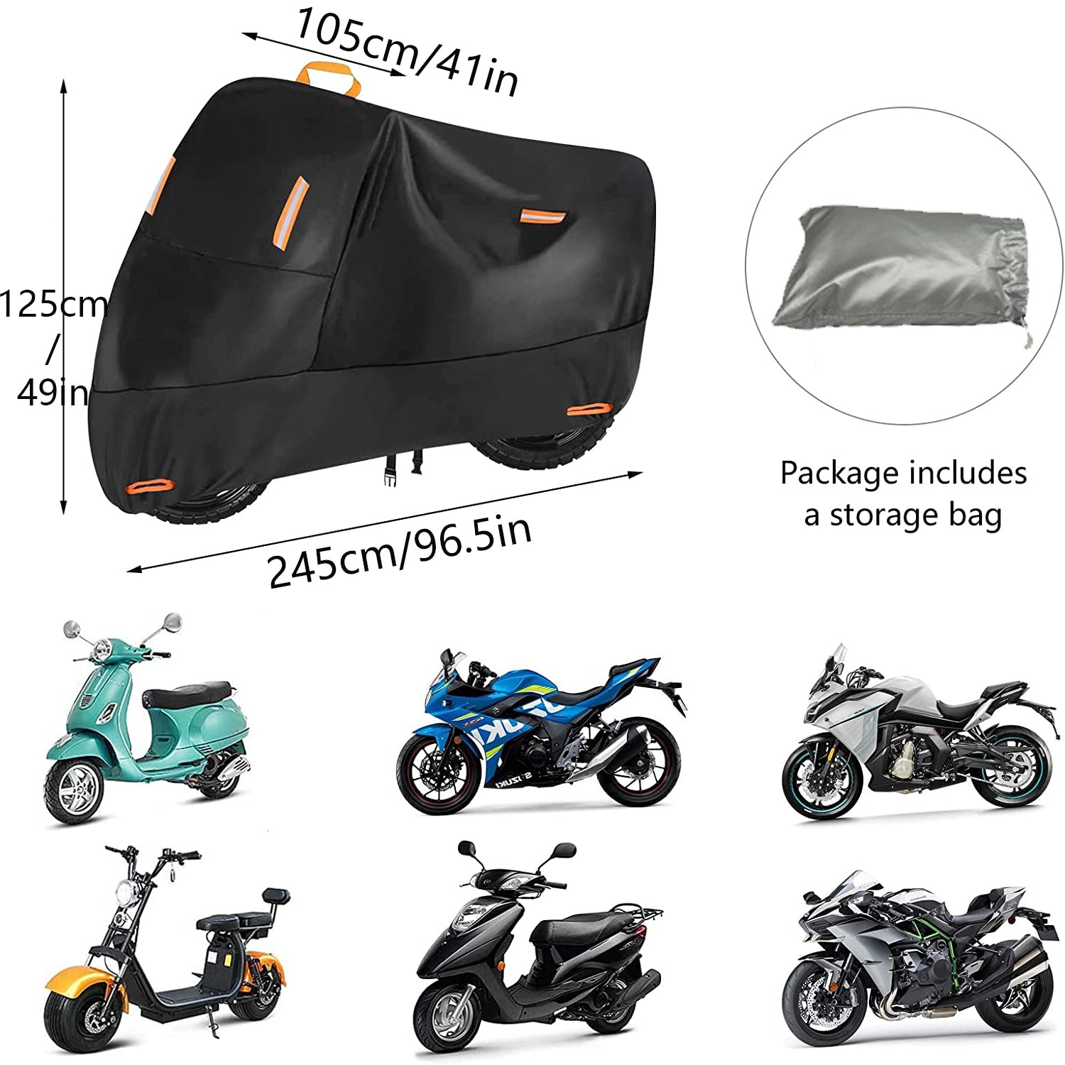 300D Heavy Duty Motorcycle Cover， Seceles All Season Durable Waterproof Outdoor Protection Scooter Cover with 4 Reflective Strips Lock-Holes Storage Bag Fits up to 96.5