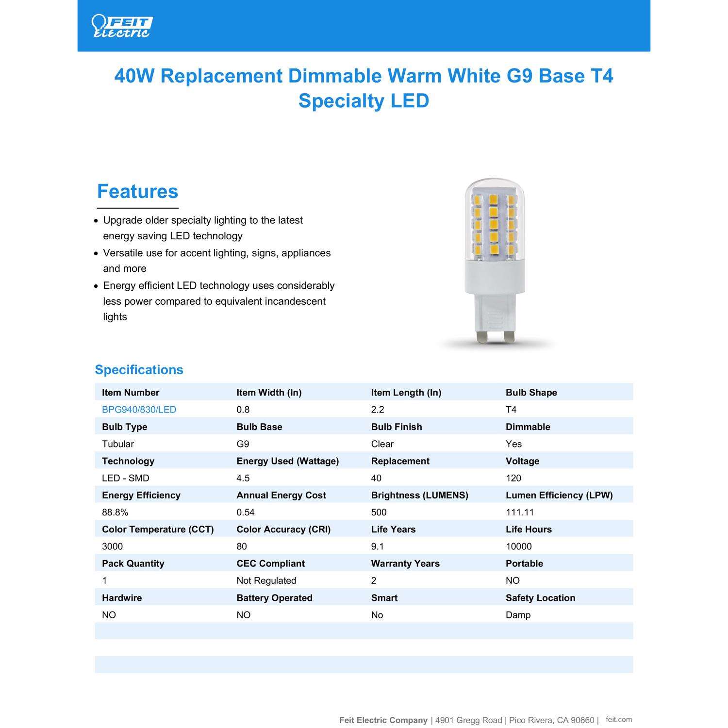 Feit G9 Bi-Pin LED Bulb Warm White 40 Watt Equivalence 1 pk
