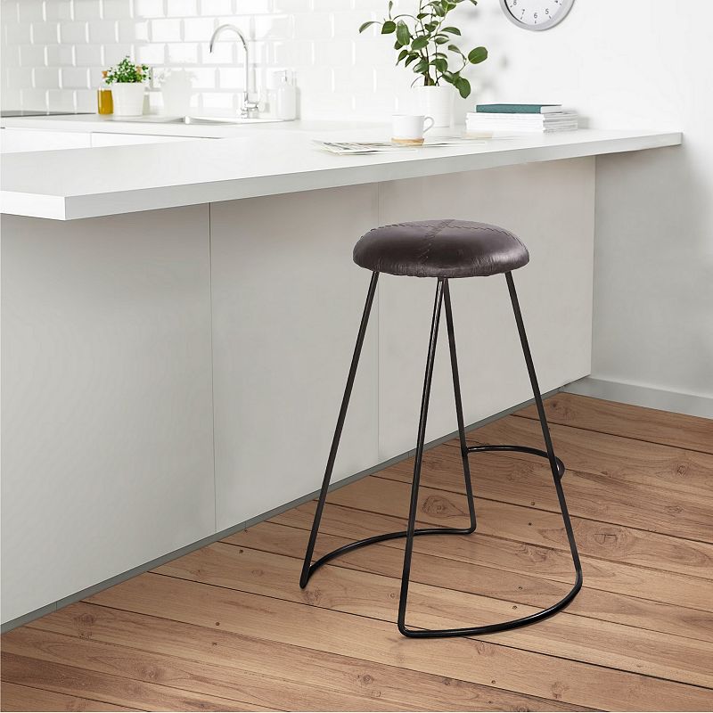 26 Inch Modern Counter Height Stool， Genuine Leather Upholstery， Metal Frame， Baseball Stitching， Black