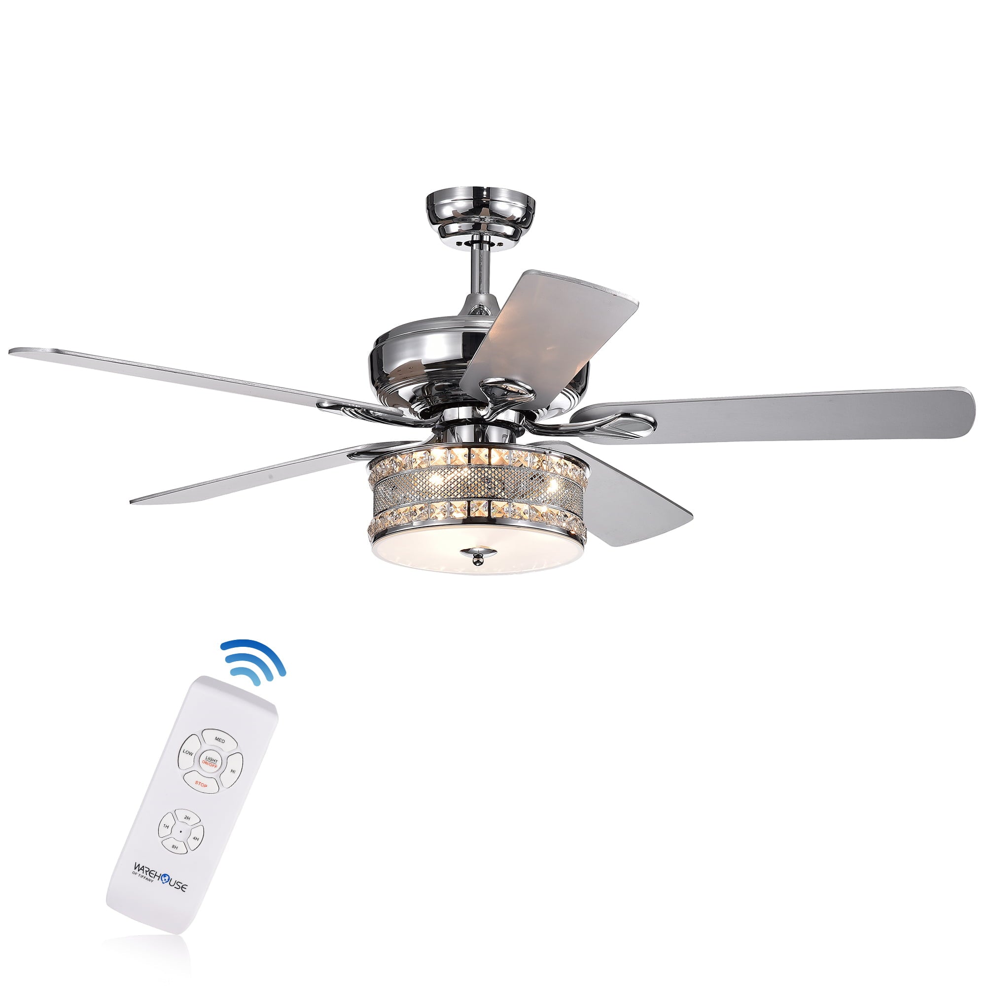 Davrin 5-Blade 52-Inch Chrome Ceiling Fan with 3-Light Crystal Drum Lamp with Remote