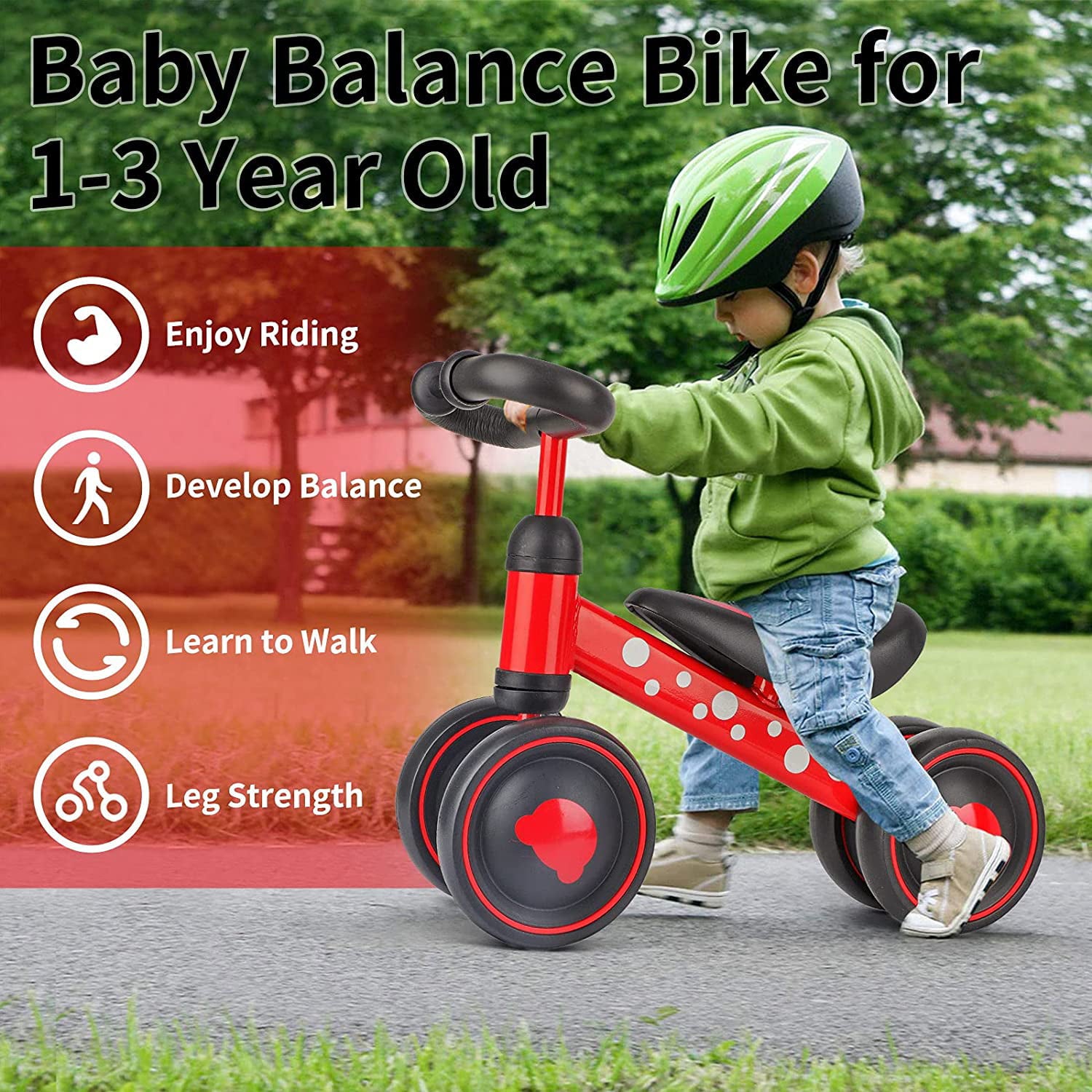 Baby Balance Bike Toddler Outdoor Toys for12-24 Months Walker for Baby Girl Boy Ride-on Toys Gifts Toddler Tricycle Bike 4 Wheels for Birthday （Red）