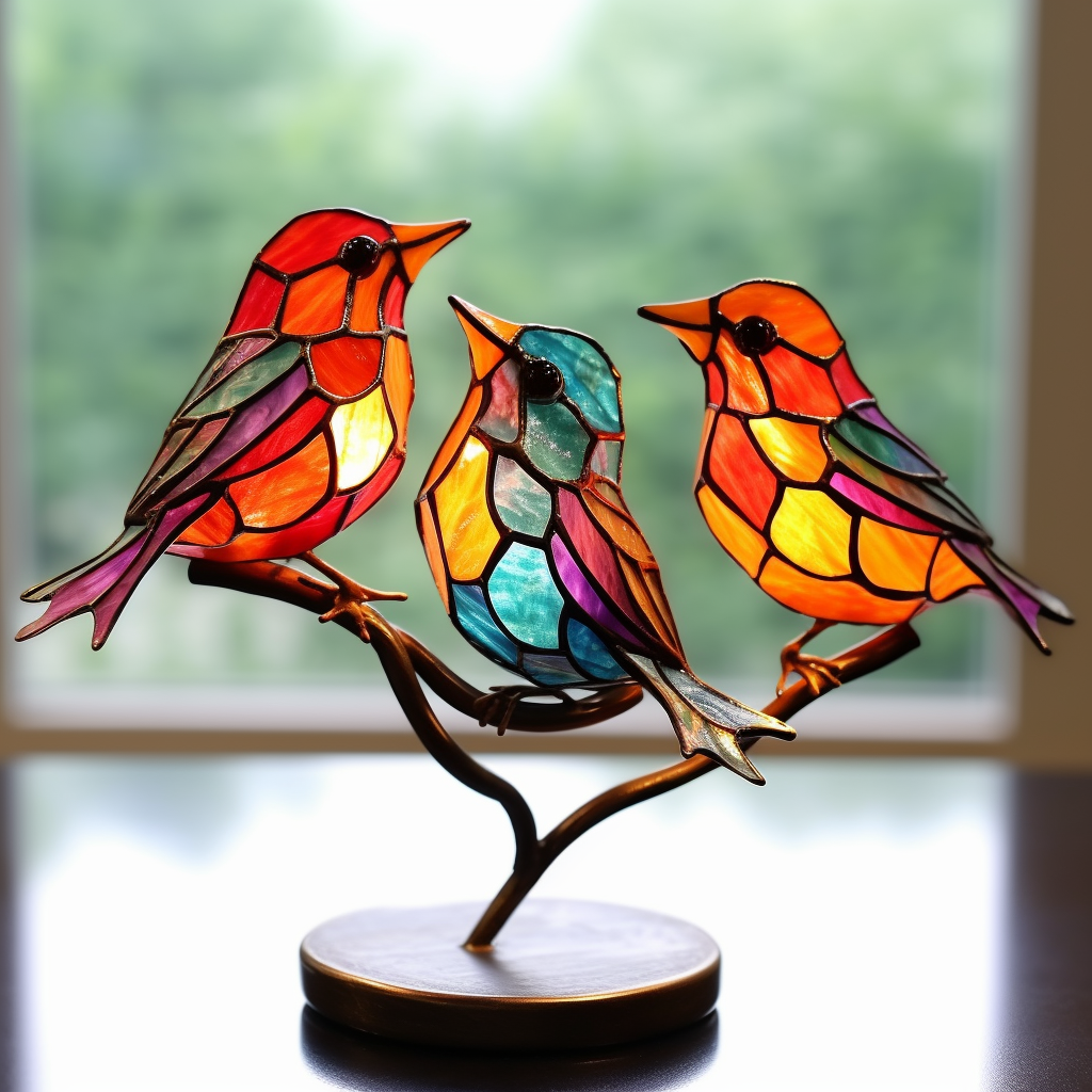 LAST DAY 60% OFF Stained Glass Birds on Branch Desktop Ornaments