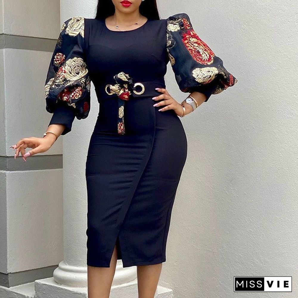 Women Elegant Bodycon Dresses O Neck Three Quater Sleeves High Waist Office Ladies Work Wear Package Hip African Fashion Plus Size