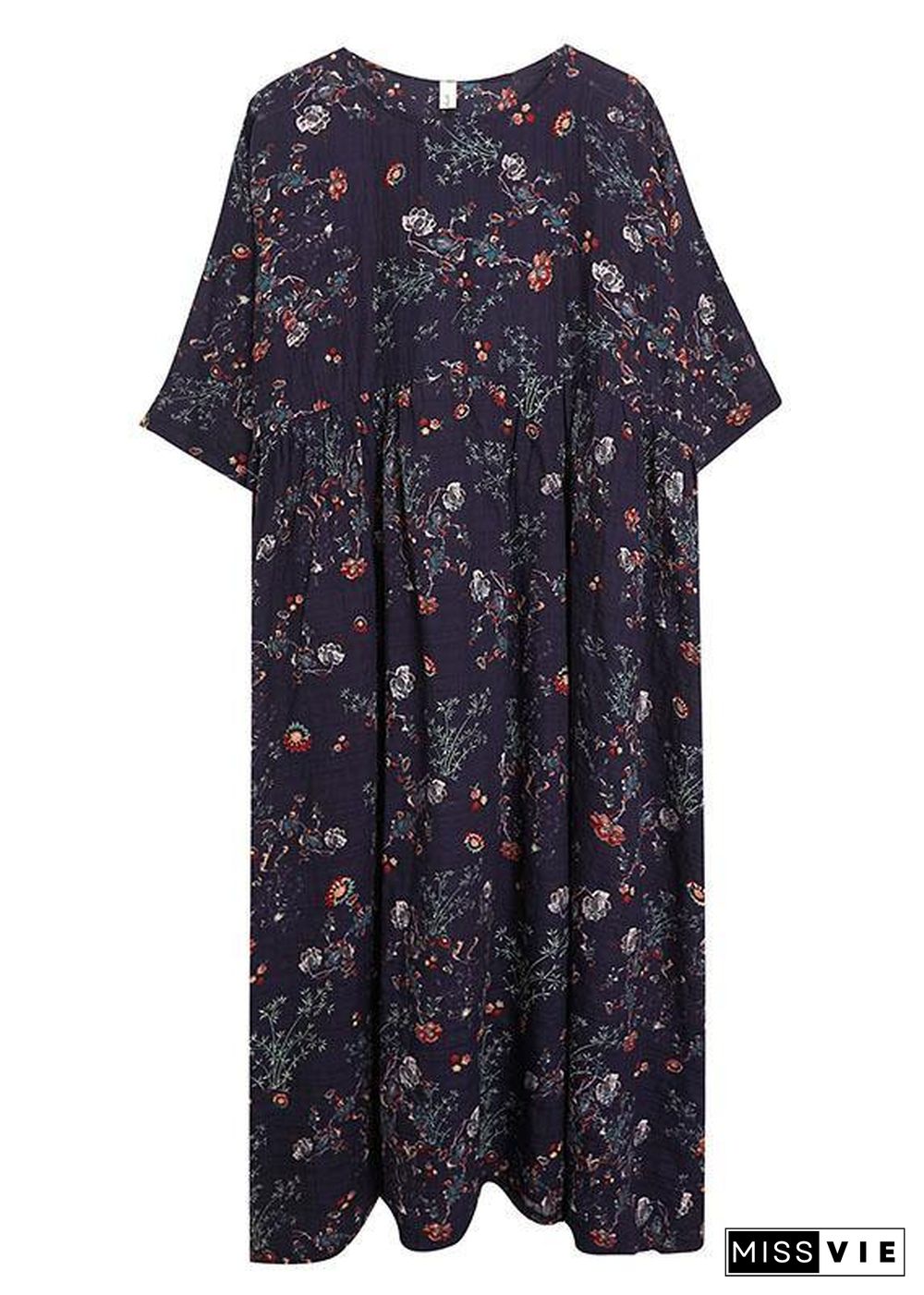 French Navy Print Pockets Loose Summer Half Sleeve Long Dress