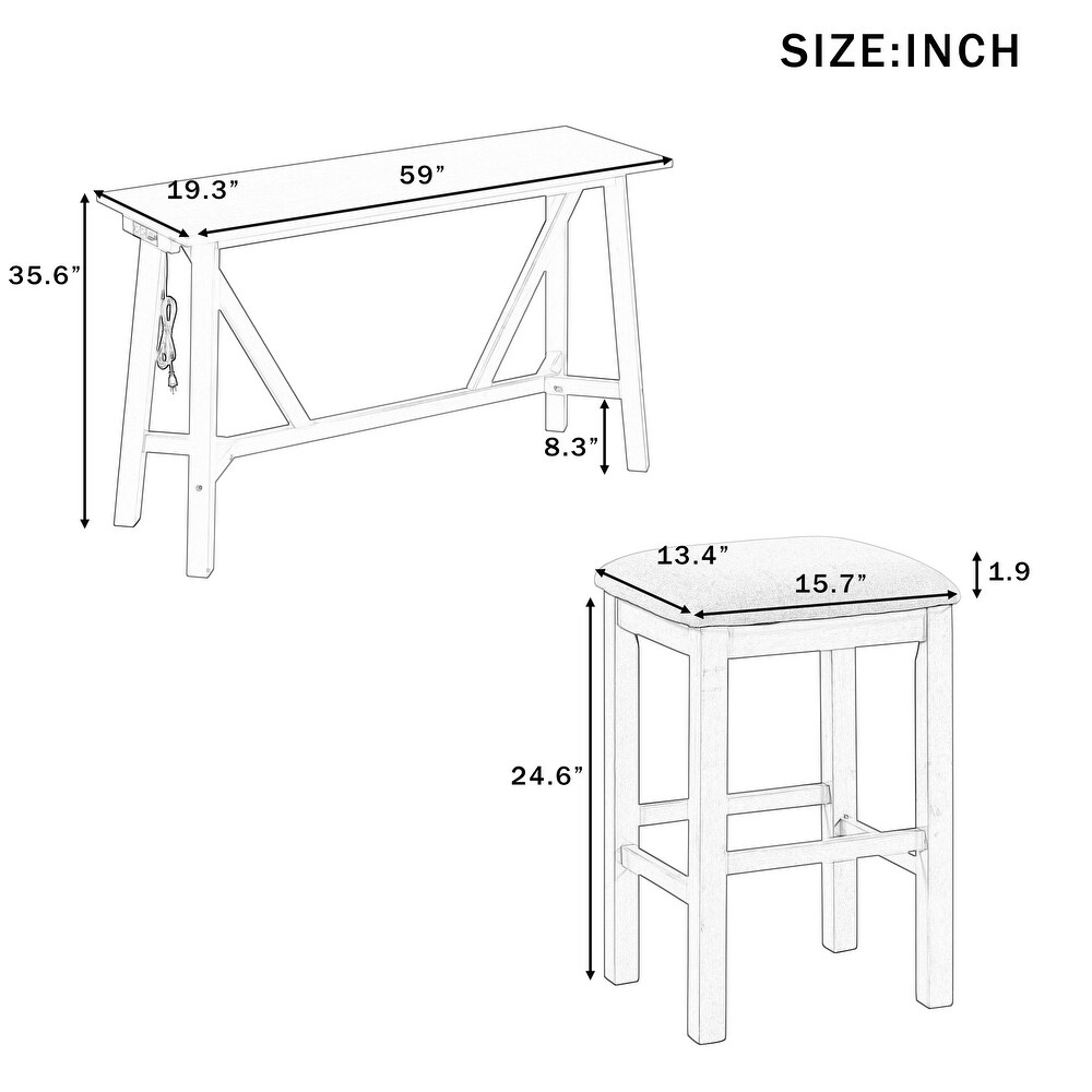 4 Piece Dining Table Set w/USB Ports   3 Upholstered Bar Stools Walnut