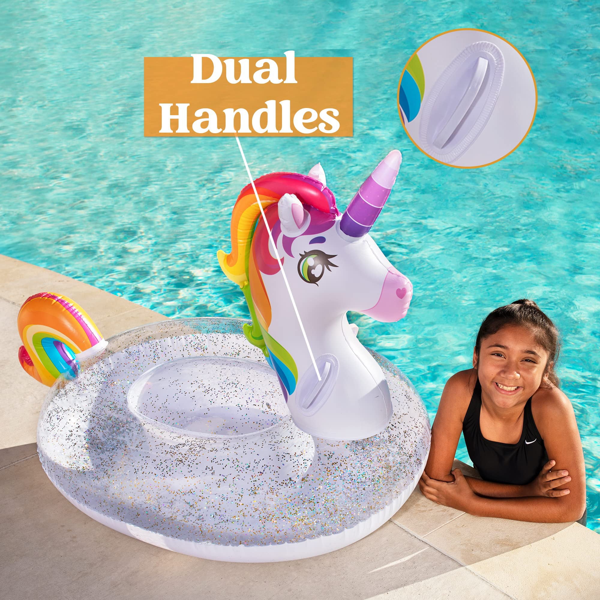 JOYIN Inflatable Unicorn Pool Float with Glitters, Fun Beach Floaties, Ride On Unicorn Raft, Pool Toys, Summer Party Lounge Raft Decorations for Kids (69” x 29.5” x33.5”)