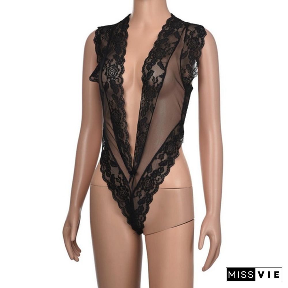 Fashion Solid Color Eyelash Lace Transparent Jumpsuit Women's Leotard V-neck Sleeveless Home Sexy Transparent Fun Jumpsuit