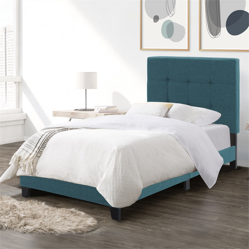 CorLiving Ellery Twin Size Teal Blue Contemporary Fabric Tufted Bed with Slats