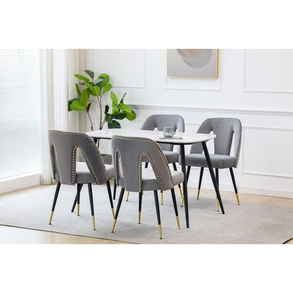 Modern | Contemporary Velvet Upholstered Dining Chair with Nailheads and Gold Tipped Black Metal Legs