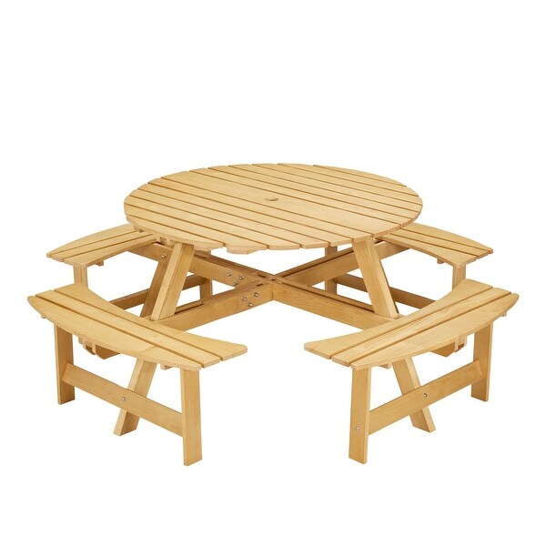 Outdoor 8Person Round Picnic Table with 4 Benches，Umbrella Hole