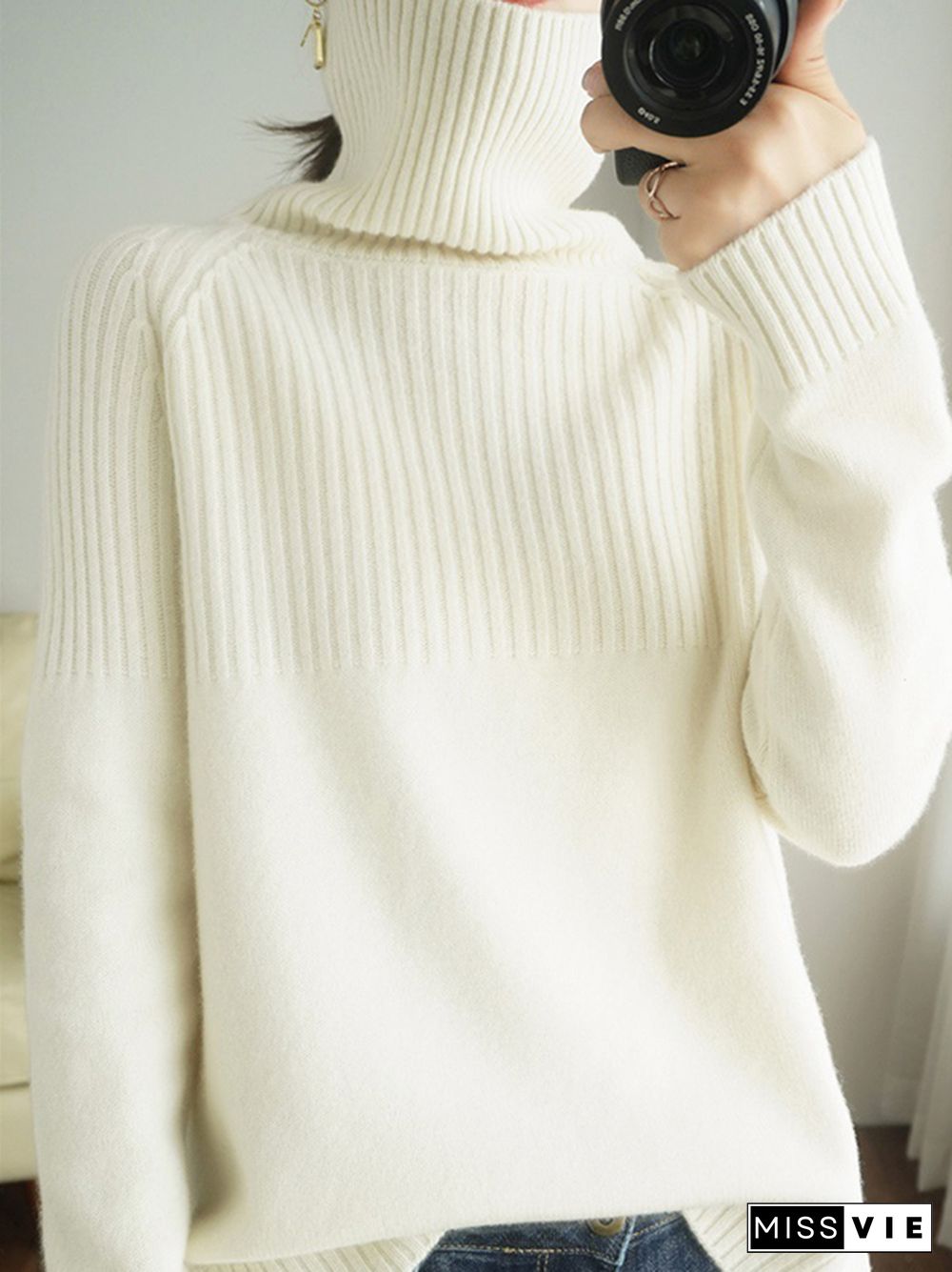 Casual Long Sleeves Loose Solid Color High-Neck Sweater Tops