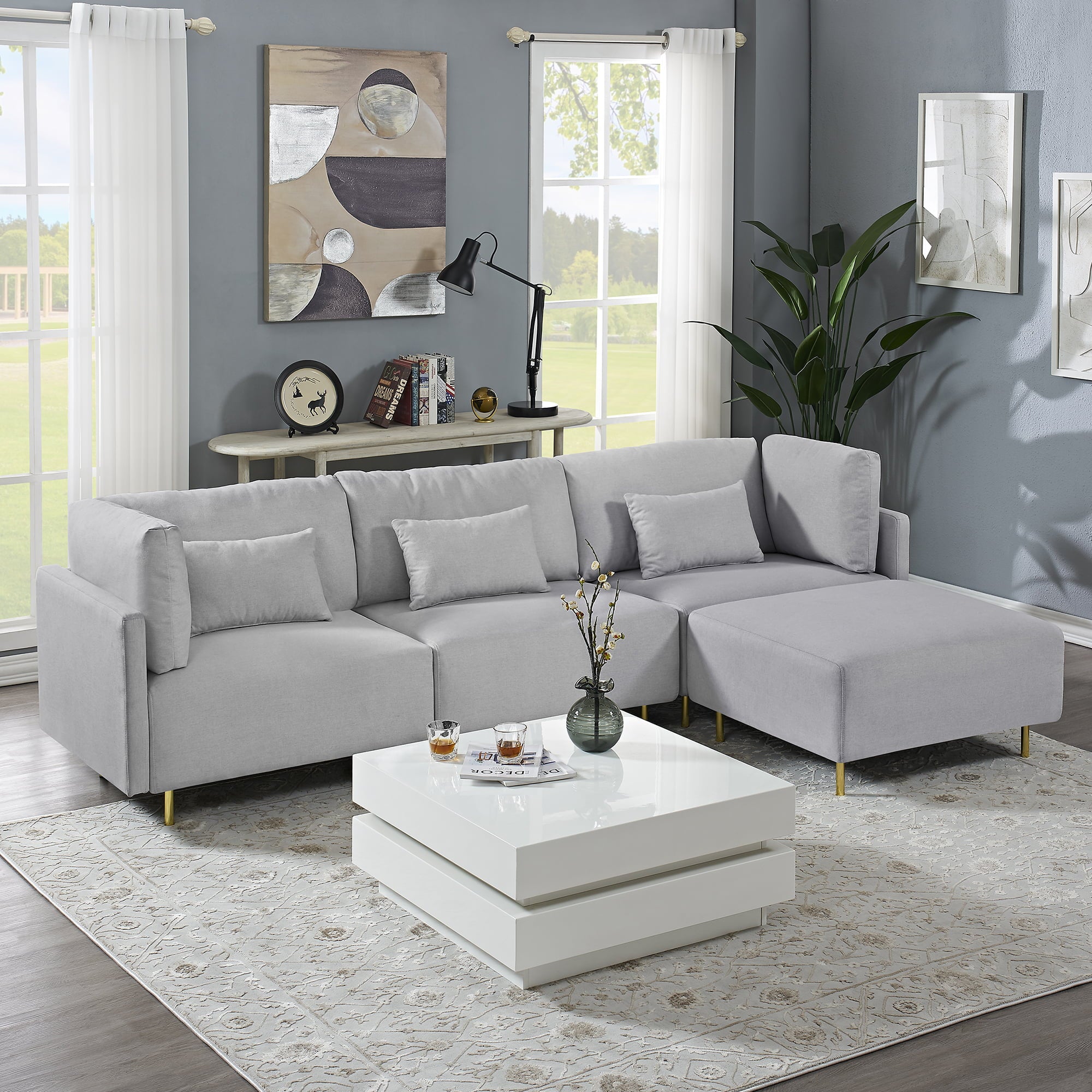 Holaki 4 Seat Luxury Sectional Sofa Fabric Couch U Shape Sofa with Convertible Ottoman Chaise, Gray