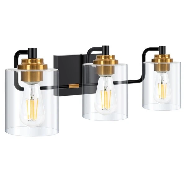 Black and Brass Finish 3-Light Modern Vanity Light with Clear Glass Shades - 22.8 in. W x 6.9 in. D x 7.7 in. H