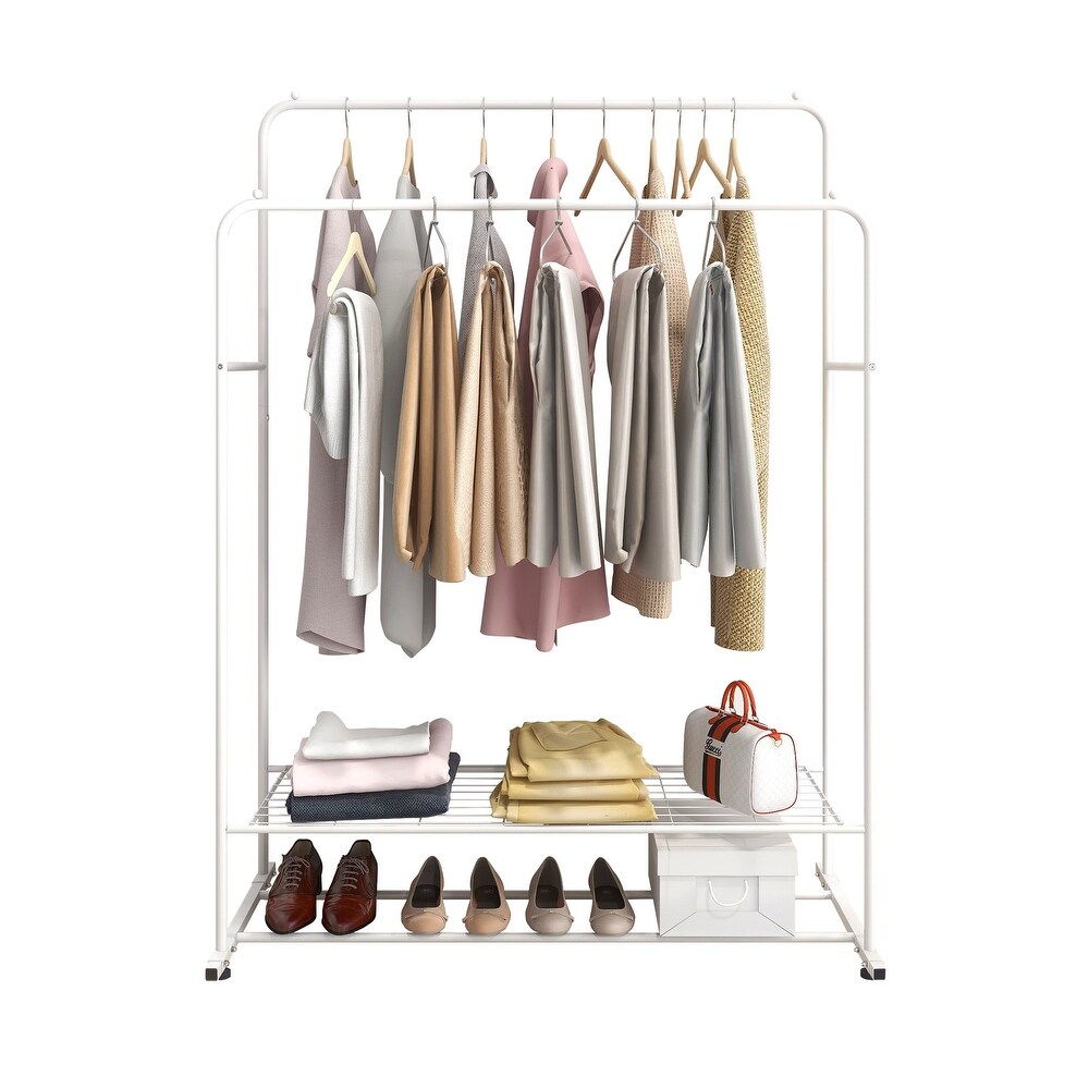 Garment Rack Freestanding Hanger with Double Rods Clothing Rack Shoe Storage Shelf Coat Hanger for Bedroom Entrance  White