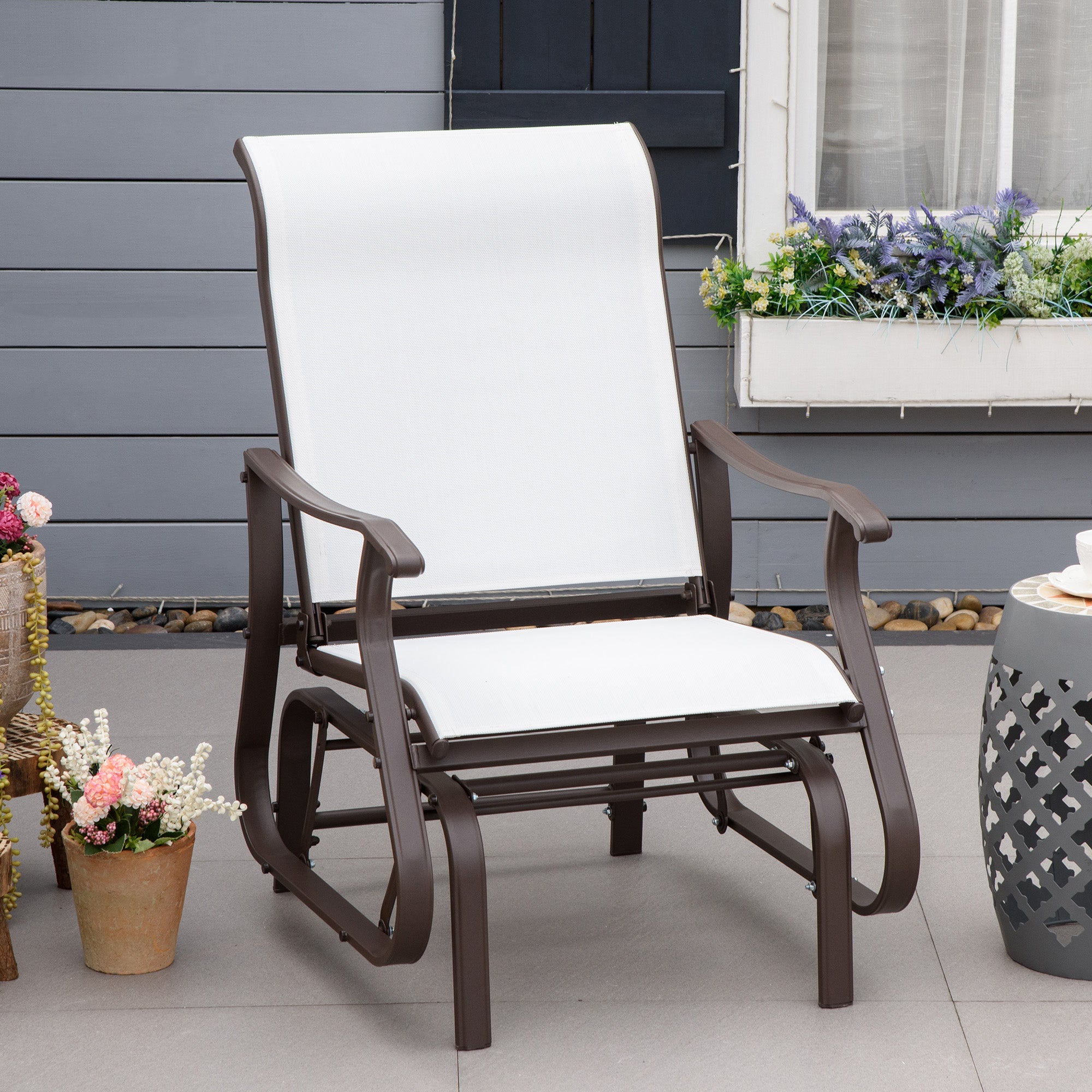 Outsunny Outdoor Swing Glider Chair, Patio Mesh Rocking Chair with Steel Frame for Backyard, Garden and Porch, White