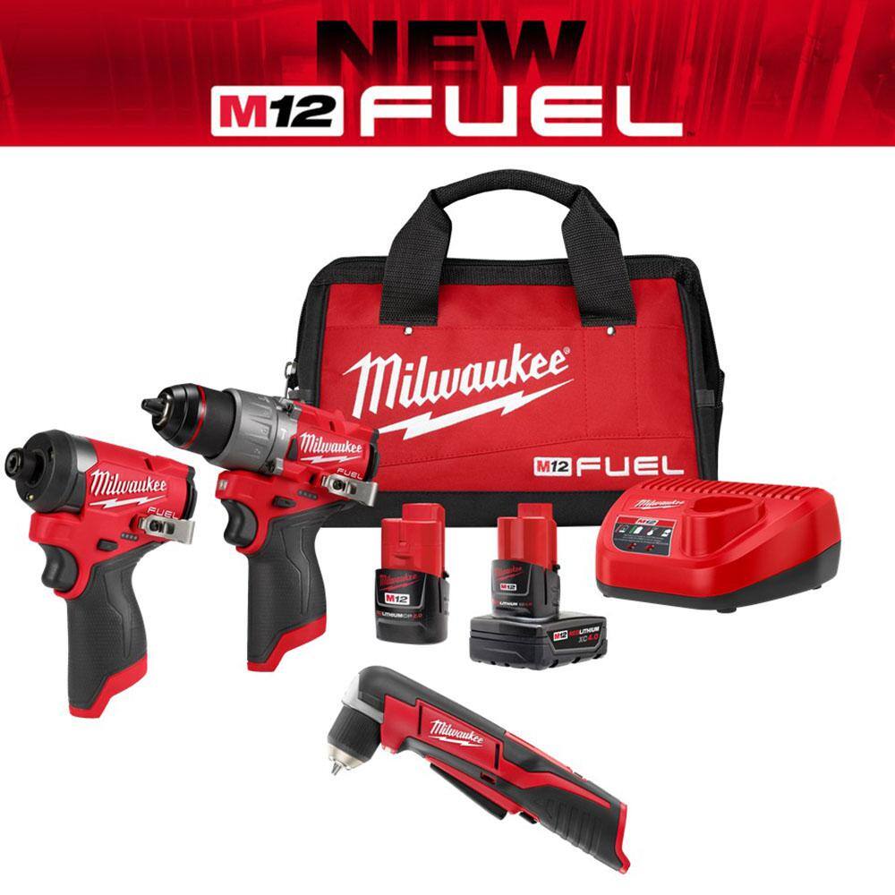 MW M12 FUEL 12-Volt Li-Ion Brushless Cordless Hammer Drill and Impact Driver Combo Kit (2-Tool) with M12 Right Angle Drill 3497-22-2415-20