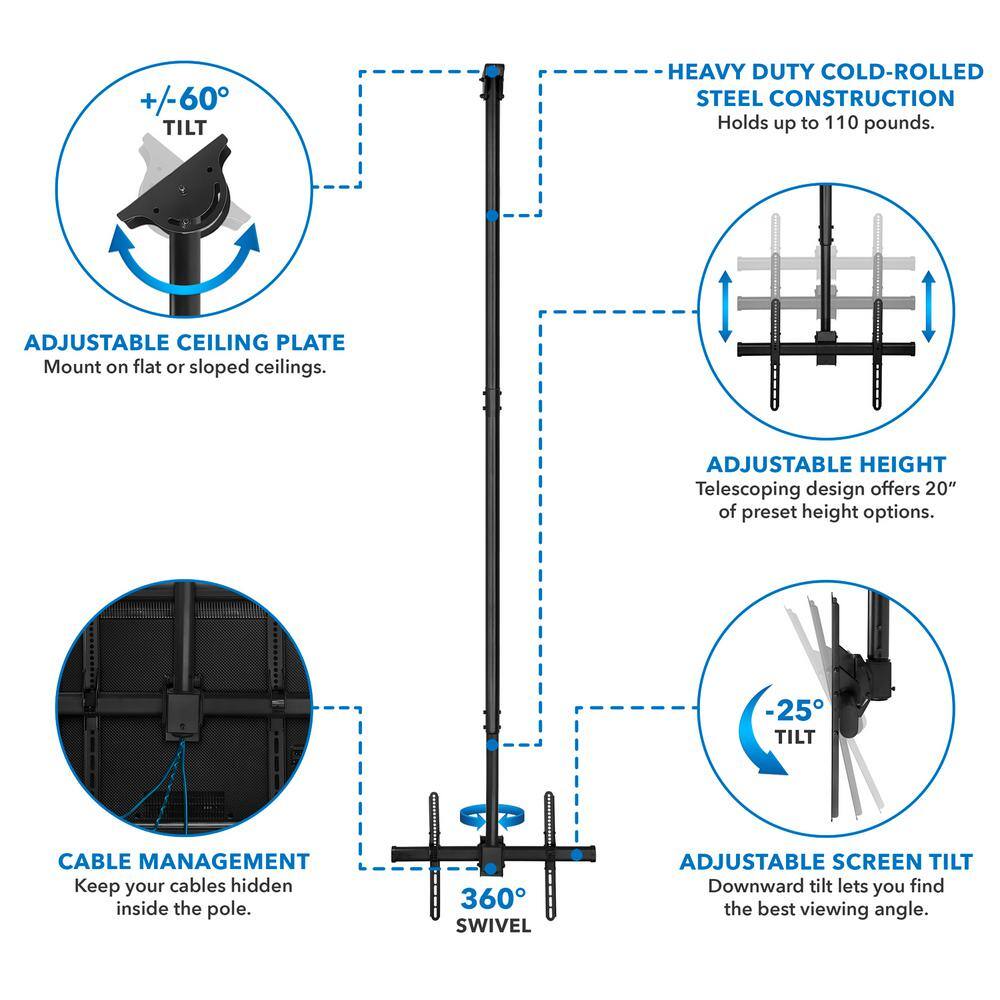 Mount-It 32 in.- 70 in. Large Full Motion TV Ceiling Mount with 25-Degree Tilt 110 lbs. Load Capacity MI-509XL