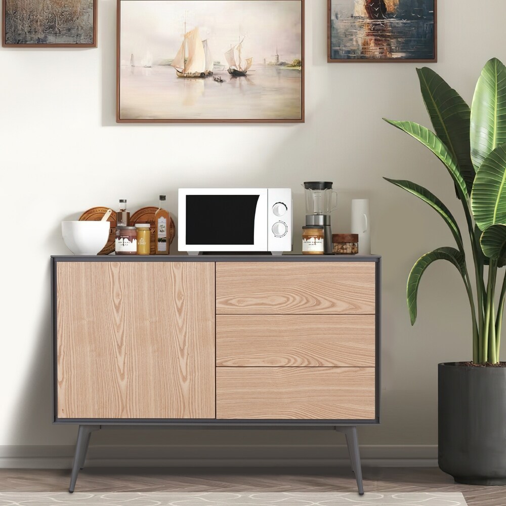 Mid century Modern Sideboard Buffet Table with Cabinet Storage with 3 Drawers for Kitchen  Living Room