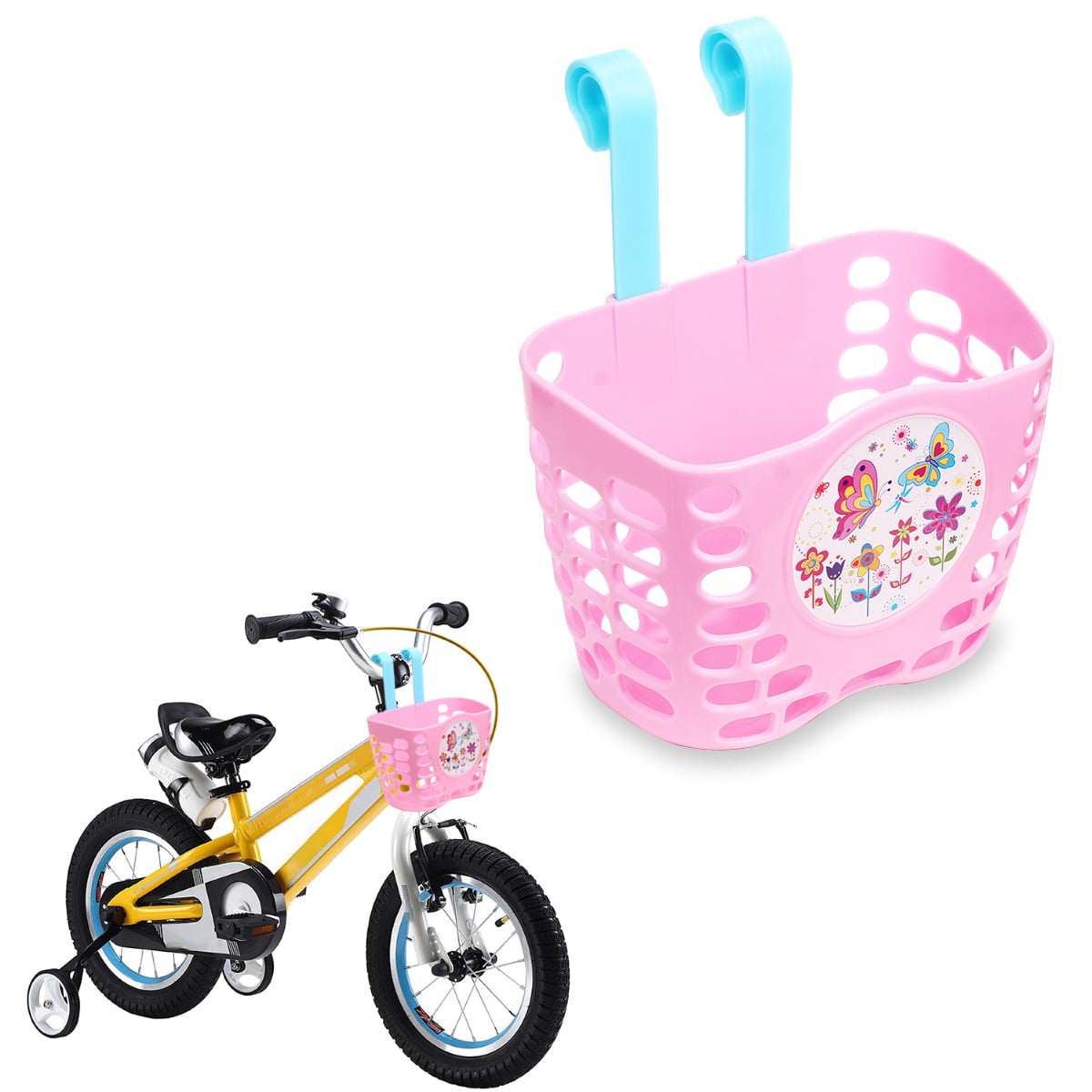 Kid's Bike Basket， MINI-FACTORY Pink Basket - Cute Butterfly and Flowers Pattern Bicycle Front Handlebar Basket for Kid Girls