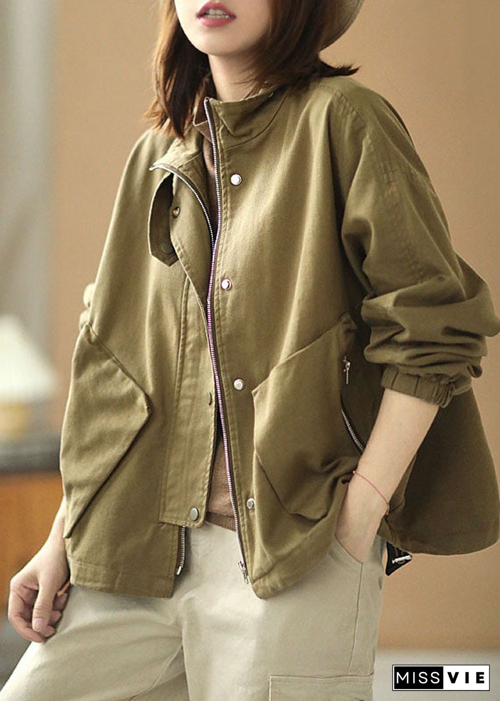 Simple Khaki Stand Collar Zippered Pockets Button Fall Jacket Long Sleeve