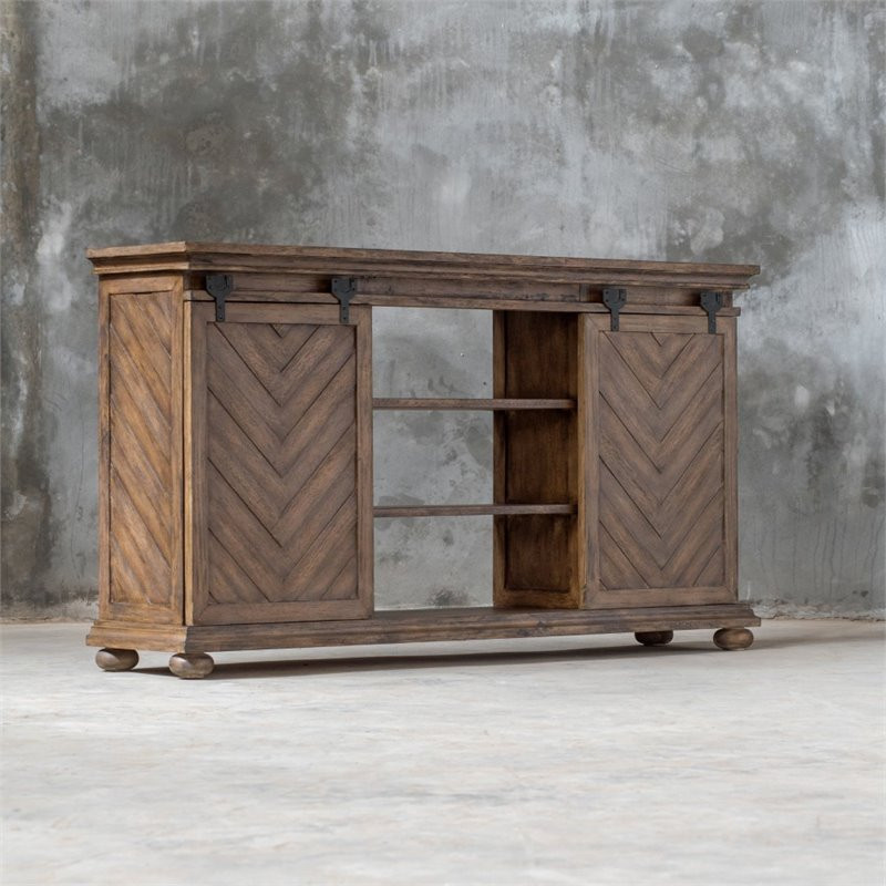 Bowery Hill Contemporary Barn Door TV Stand in Antique Honey   Entertainment Centers And Tv Stands   by Homesquare  Houzz