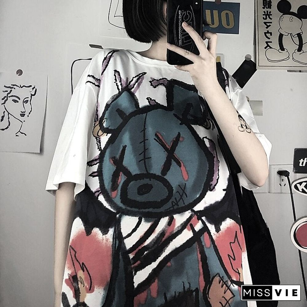 Summer Anime T-Shirt Crying Doll Bear Harajuku Style White Cartoon Short Sleeve Loose Wild