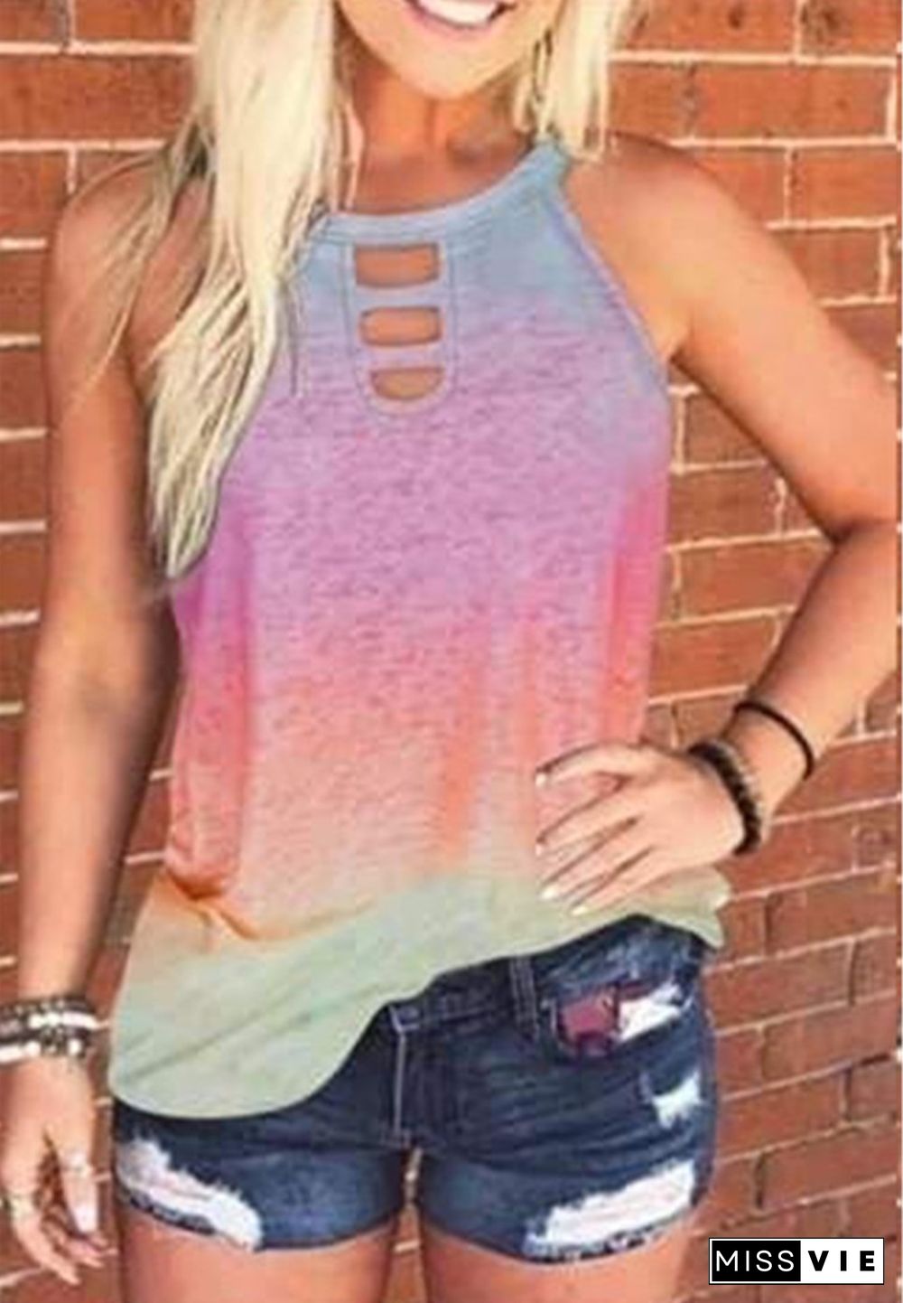 Pink Tie Dye Hollow Out Neck Tank Top