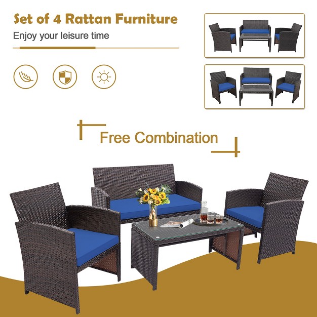 Costway 4pcs Patio Rattan Furniture Set Cushioned Chair Sofa Coffee Table White navy turquoise red